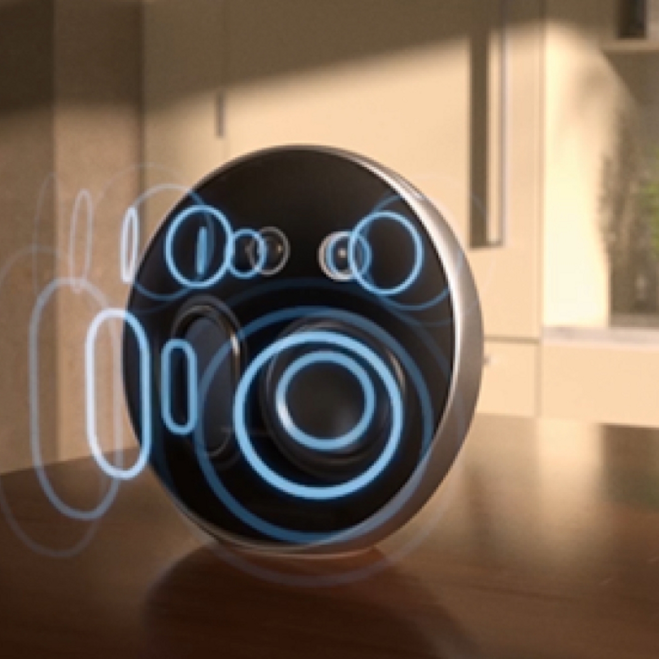 Imagen en primer plano de una bocina Onyx Studio 9 sobre una mesa. Hay imágenes retocadas con Photoshop de ondas de audio azules que emanan de la bocina.