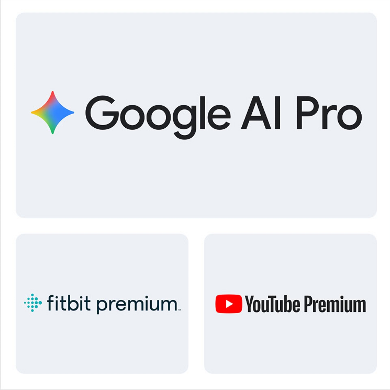 Tres mosaicos de imágenes muestran los logotipos de Google AI Pro, Fitbit Premium y YouTube Premium.