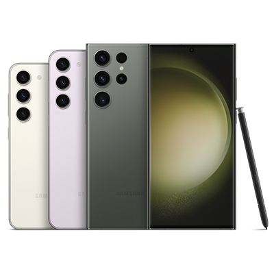 Teléfonos de la serie Samsung Galaxy S23 sobre un fondo blanco