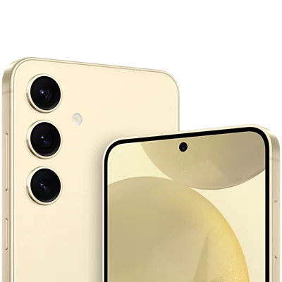 Vista frontal y posterior de un Samsung S24 dorado