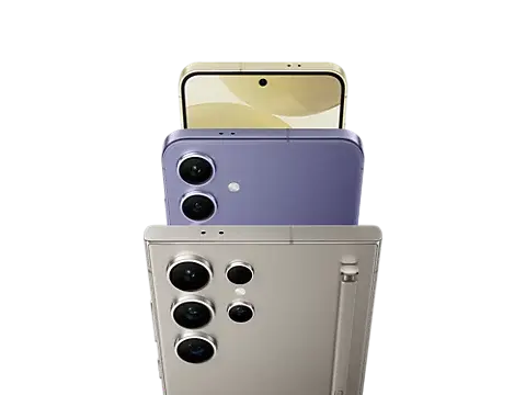 Teléfonos de la serie Samsung Galaxy S24 sobre un fondo negro