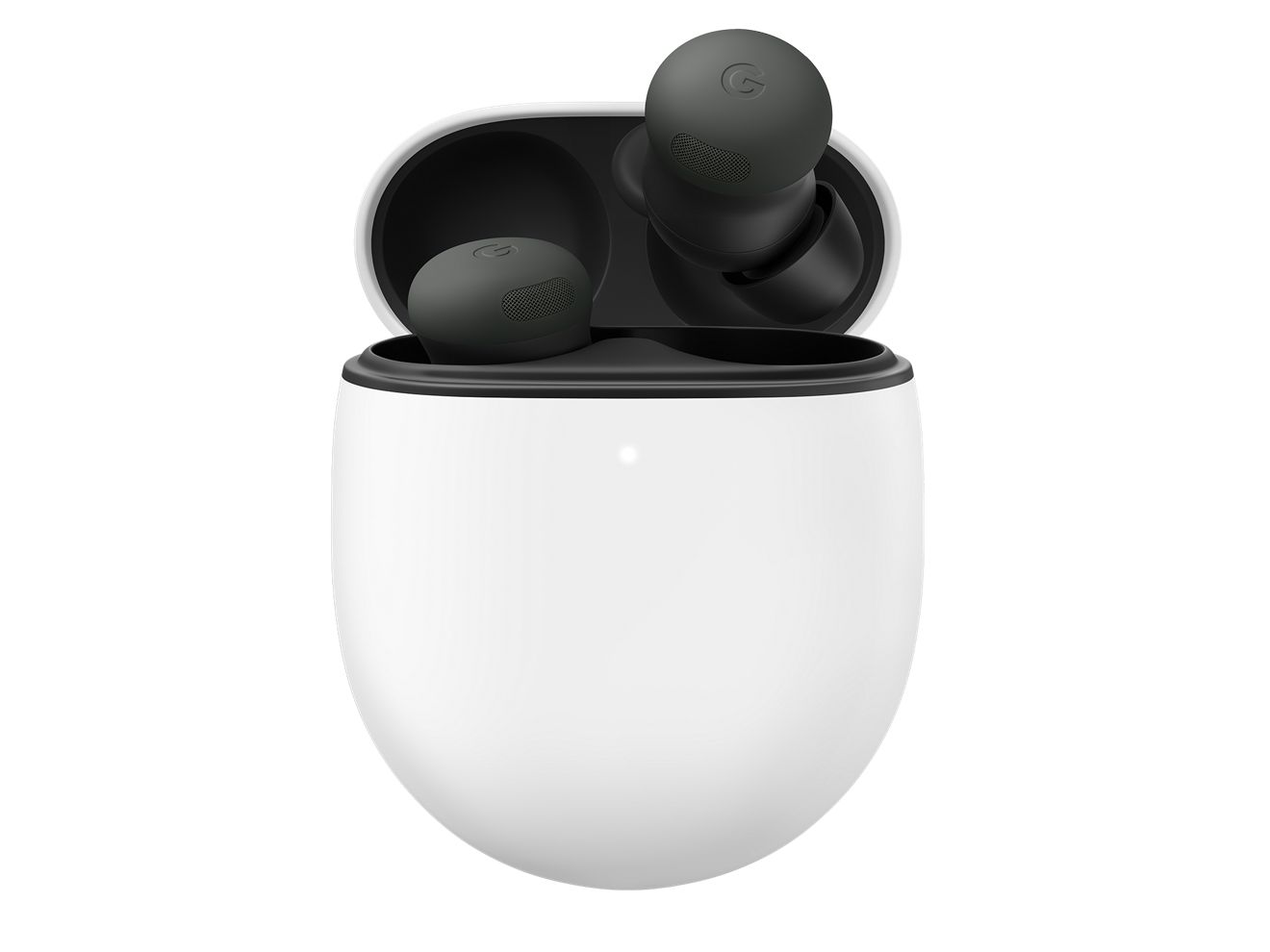 Funda para audífonos blanca con Pixel Buds Pro2 negros que salen flotando