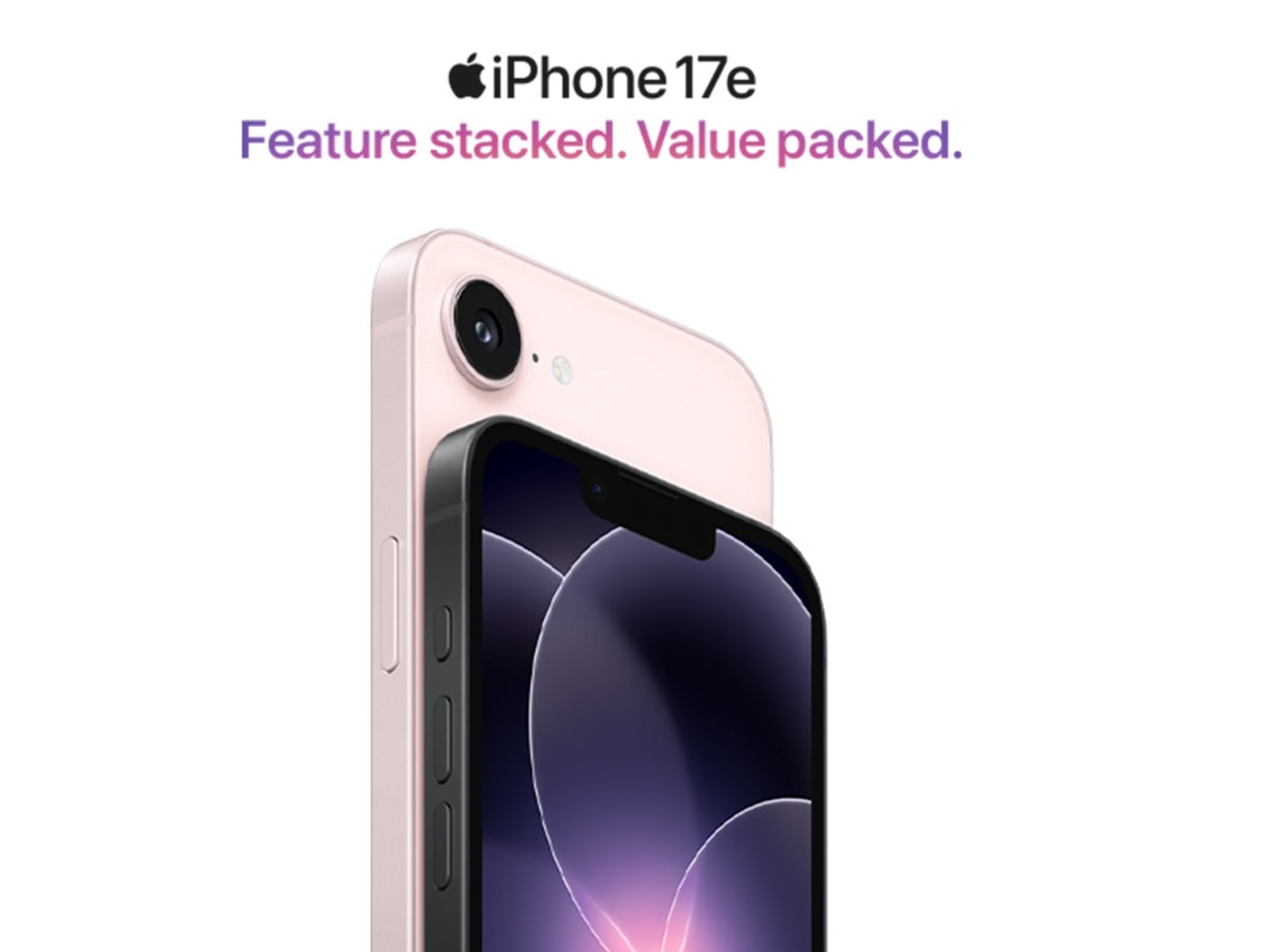 A gold rose iPhone 17e shown from the back, next to an iPhone 17e in black, shown from the front, highlighting its slim profile, side buttons, and softly glowing display.