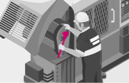 Ilustración animada en blanco y negro de un ingeniero que trabaja en una máquina grande usando una llave inglesa color magenta