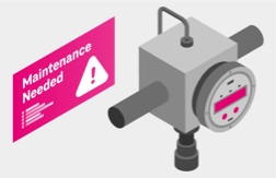 Ilustración animada en blanco y negro de un dispositivo industrial junto a un cuadro en color magenta que advierte que se necesita mantenimiento