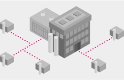 Ilustración animada en blanco y negro de un mapa con un edificio y casas conectadas por líneas de puntos color magenta.