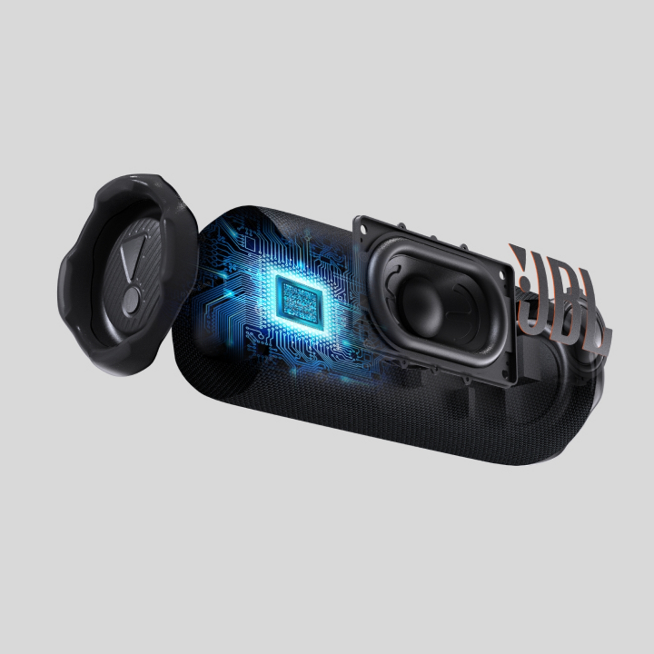 Vista ampliada del dispositivo con sonido JBL Pro y AI Sound Boost