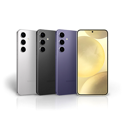 La parte frontal y trasera de teléfonos Galaxy S24 de cuatro colores diferentes.