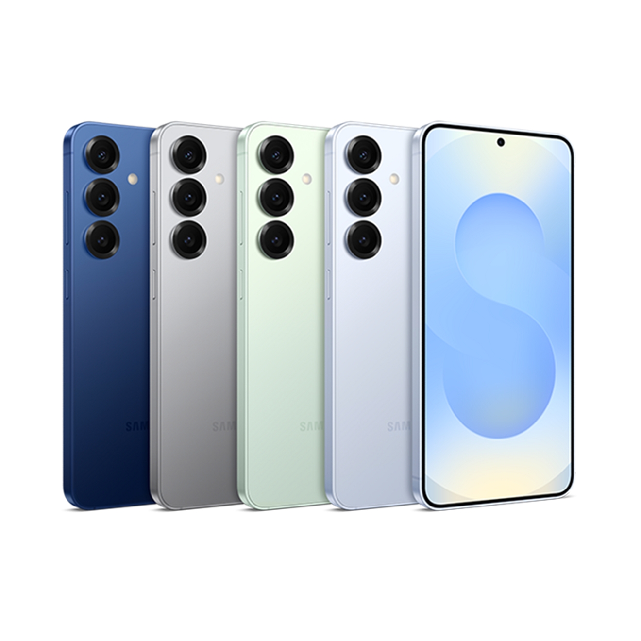 Se muestran cinco teléfonos Samsung Galaxy S25, con cuatro vistas traseras en diferentes colores y una vista frontal con una cámara perforada centrada y una pantalla con la letra «S» estilizada.