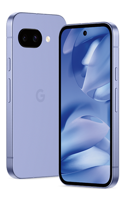 Parte delantera y trasera del dispositivo Google Pixel 9a morado