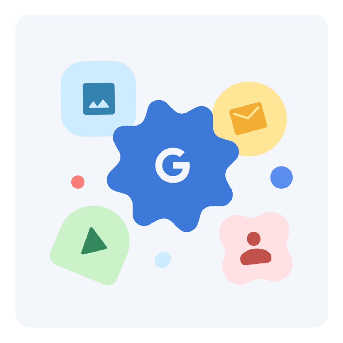 Una ilustración de un engranaje con la G de Google, rodeada de íconos de fotos, videos, contactos y correo.