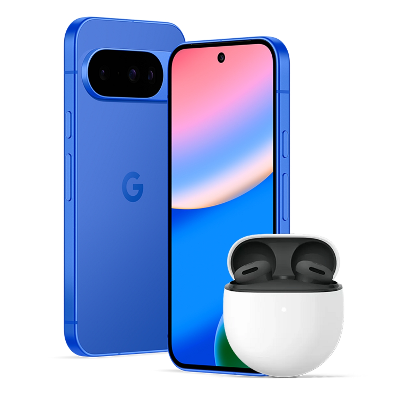 Vista frontal y posterior de un Google Pixel 10 y los Pixel Buds 2a.