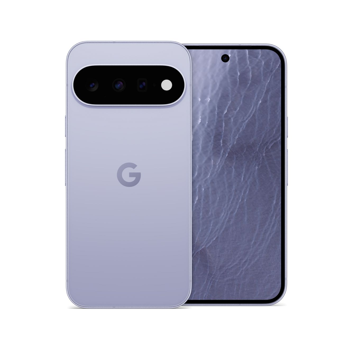 Vista frontal y trasera del smartphone Google Pixel con acabado en morado claro, con la barra de la cámara en la parte posterior y el logotipo de Google centrado.