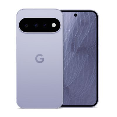 Vista frontal y trasera del smartphone Google Pixel con acabado en morado claro, con la barra de la cámara en la parte posterior y el logotipo de Google centrado.