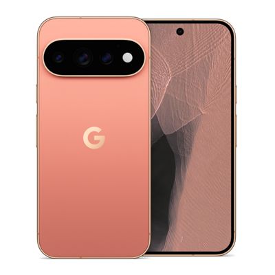Vista frontal y trasera del smartphone Google Pixel con acabado en color coral, con una barra de cámaras en la parte trasera y el logotipo de Google en el centro.