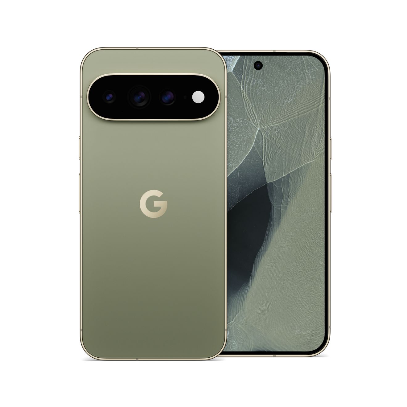 Vista frontal y trasera del smartphone Google Pixel con acabado en verde suave, con la barra de cámaras en la parte posterior.