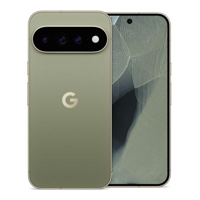 Vista frontal y trasera del smartphone Google Pixel con acabado en verde suave, con la barra de cámaras en la parte posterior.