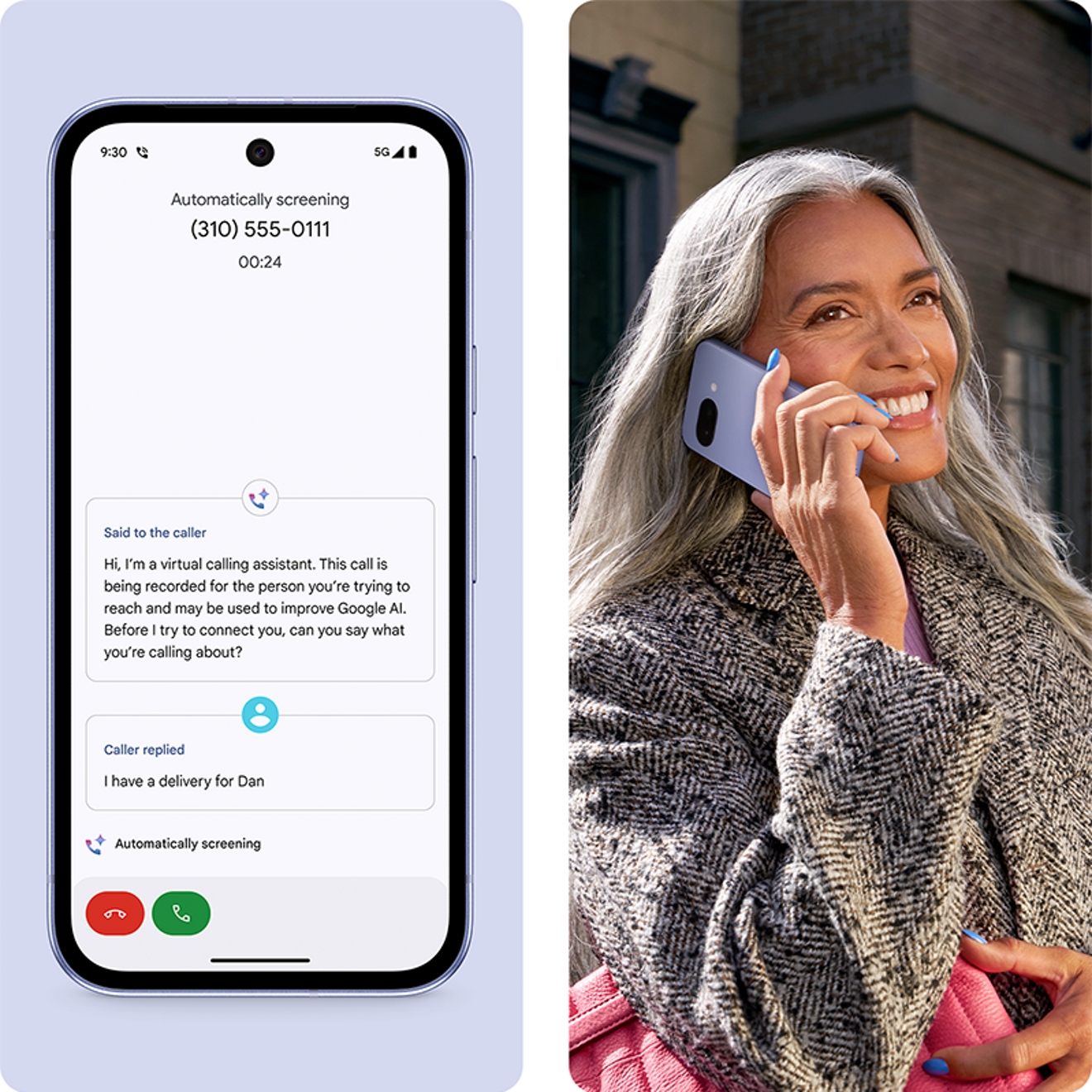 Pantalla del Google Pixel 9 donde se muestra una conversación de chat y una chica usando el teléfono.