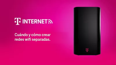 Una puerta de enlace T-Mobile sobre un fondo Magenta con el título de YouTube "T-Mobile Internet: Understanding when and how to create separate Wi-Fi networks (cuándo y cómo crear redes wifi separadas"