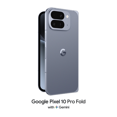 Un Google Pixel 10 Pro Fold plateado, medio abierto.