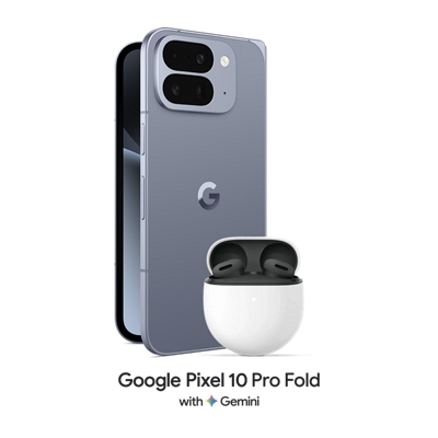 Un Google Pixel 10 Pro Fold plateado medio abierto junto a un par de Pixel Buds 2a.