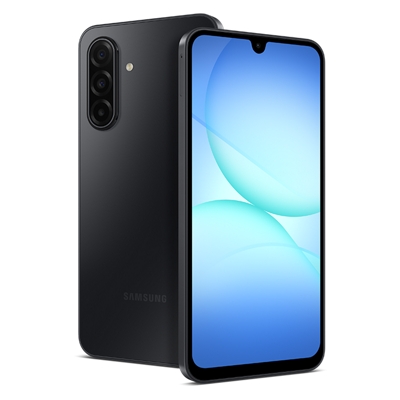 Un Galaxy A17 5G mostrado desde la parte frontal y trasera, destacando su nítida pantalla azul y su elegante acabado en negro.