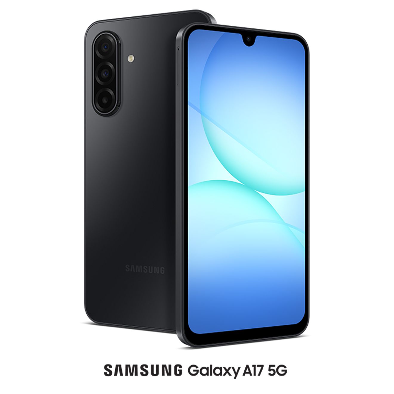 Dos teléfonos Galaxy A17 5G flotando sobre un fondo azul difuminado: uno muestra su brillante pantalla y el otro, su elegante parte trasera negra.