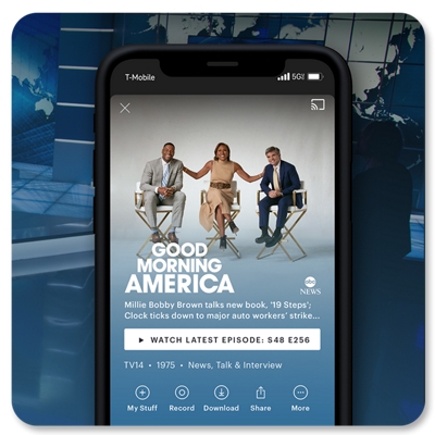 Pantalla de teléfono mostrando Good Morning America de ABC en streaming en la app de Hulu.