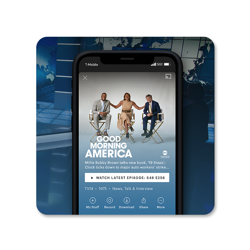 Pantalla de teléfono mostrando Good Morning America de ABC en streaming en la app de Hulu.