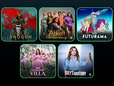 Promociones para Shogun de FX, Abbott Elementary de ABC, Futurama en Hulu, Vanderpump Villa de Hulu y Grey's Anatomy de ABC.