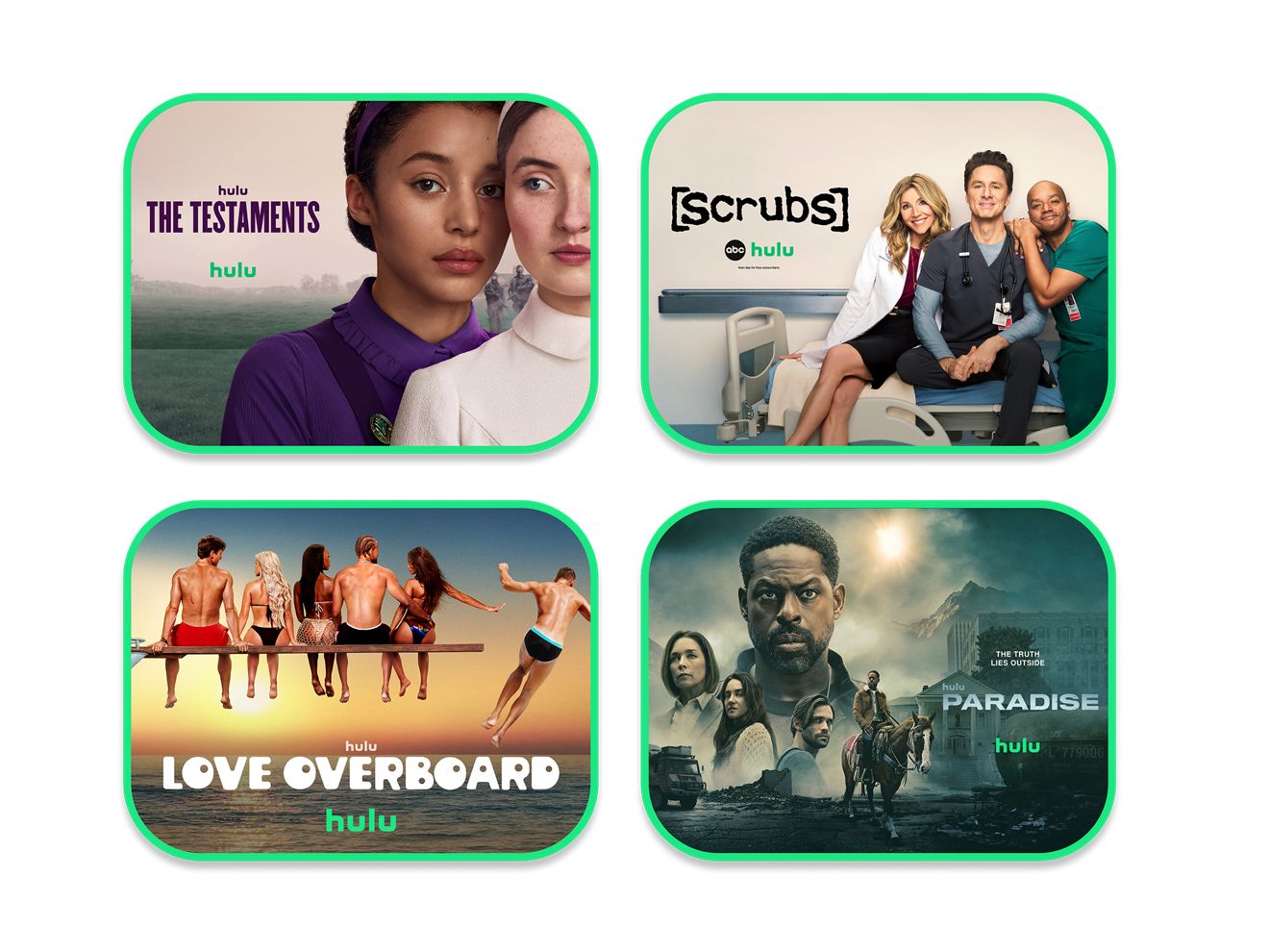 Promociones de cuatro series de Hulu: The Testaments, Scrubs, Love Overboard y Paradise