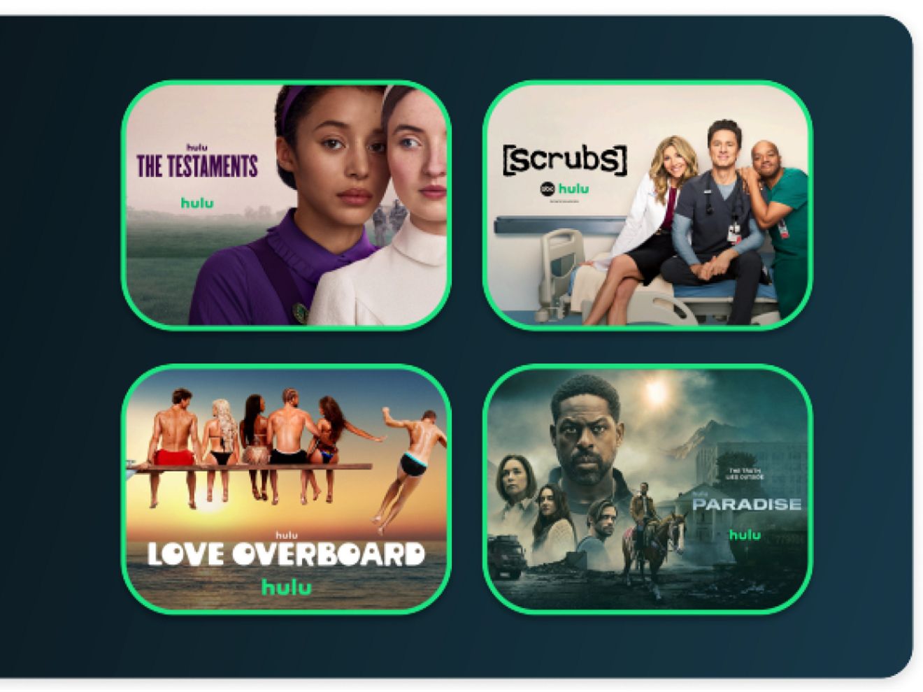 Promociones de cuatro series de Hulu: The Testaments, Scrubs, Love Overboard y Paradise