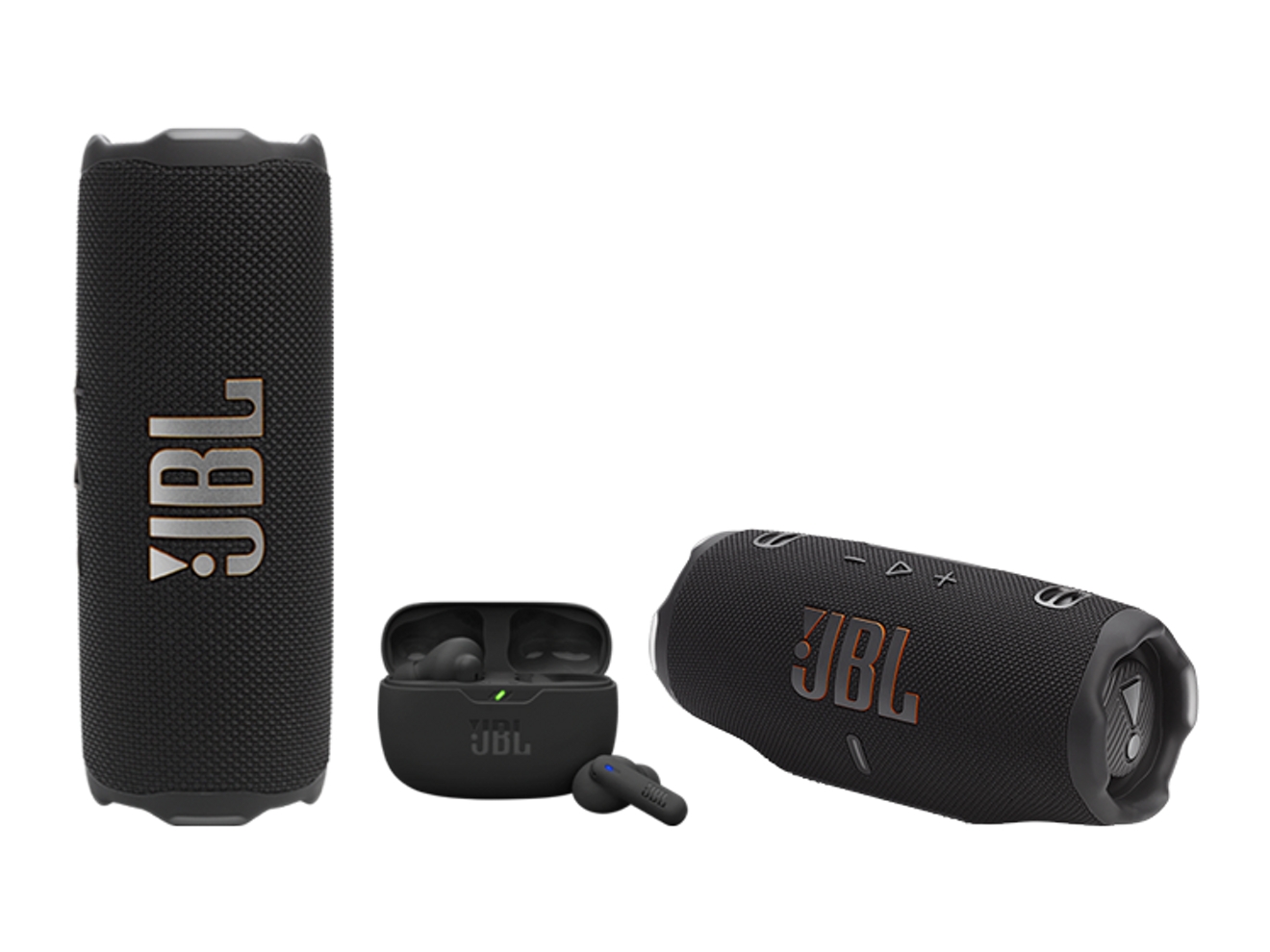 Bocina JBL Flip 7, audífonos Vibe Beam 2 y bocina Charge 6.