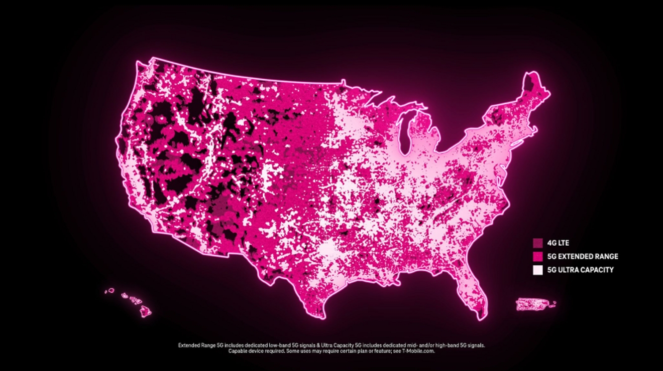 Un mapa de los Estados Unidos de la cobertura de 4G LTE, alcance 5G extendido y 5G de ultracapacidad de T-Mobile con el texto "El servicio SG de alcance extendido incluye señales SG específicas de banda baja y SG de ultracapacidad incluye señales SG exclusivas de banda media y/o alta". Se requiere dispositivo compatible. Algunos usos podrían requerir un determinado plan o función; consultar T.Mobile.com.