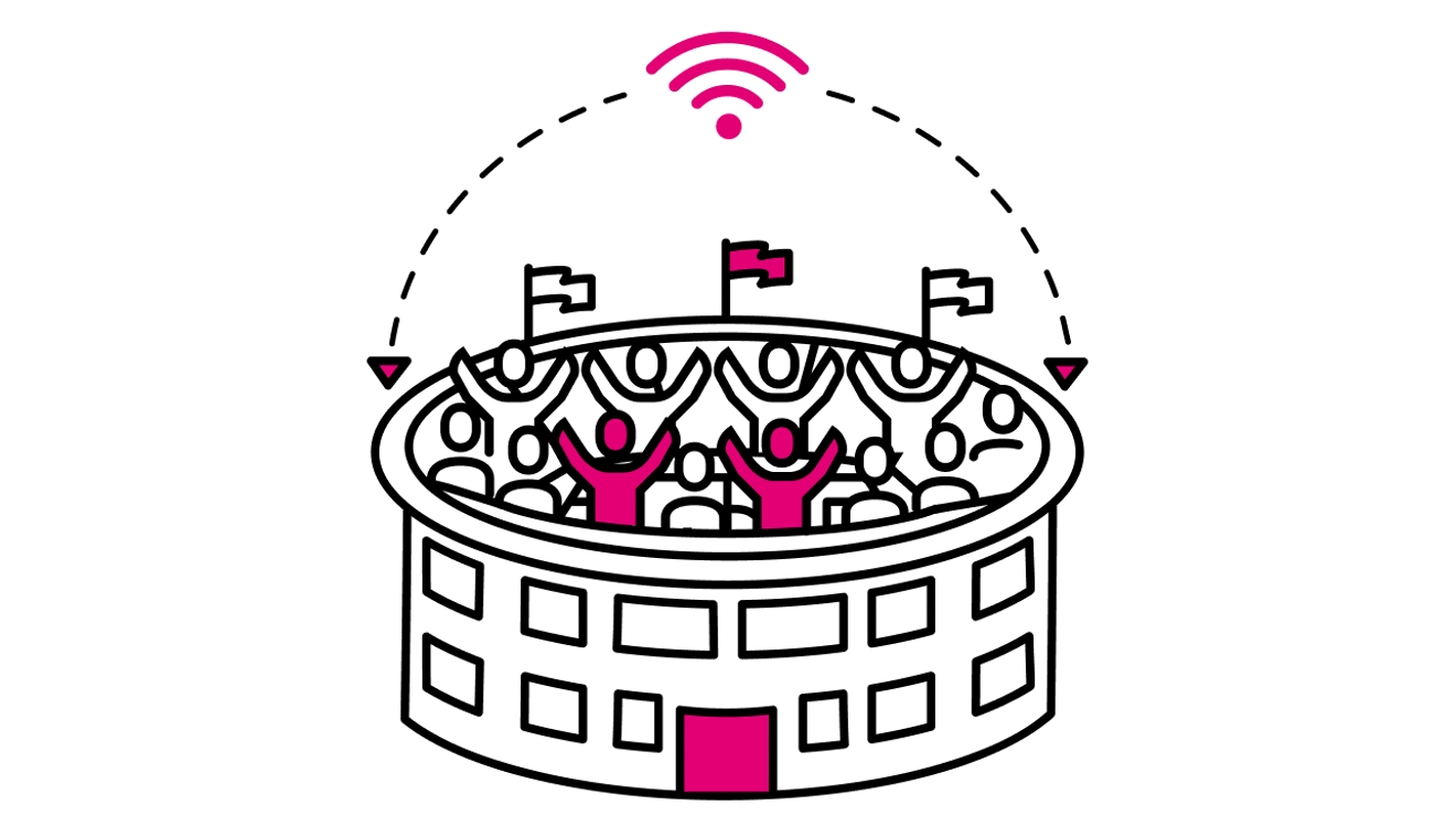 Un ícono de un estadio lleno de gente con un símbolo de ancho de banda potente y un arco que muestra el flujo de datos.