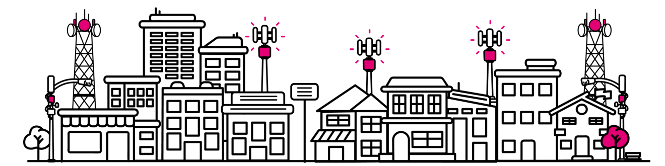 Escenario urbano ilustrativo que muestra edificios conectados, torres celulares y un satélite.