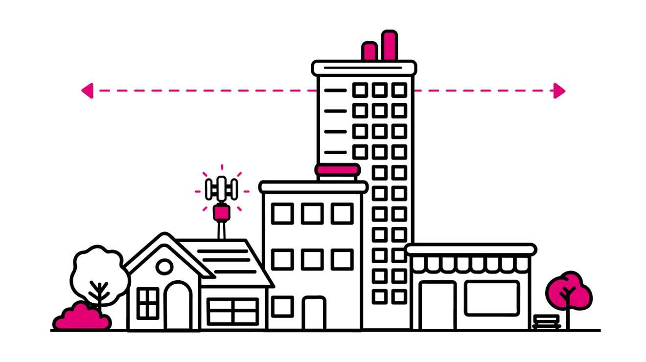 Un diagrama de una torre celular que brinda cobertura en ubicaciones suburbanas y urbanas.