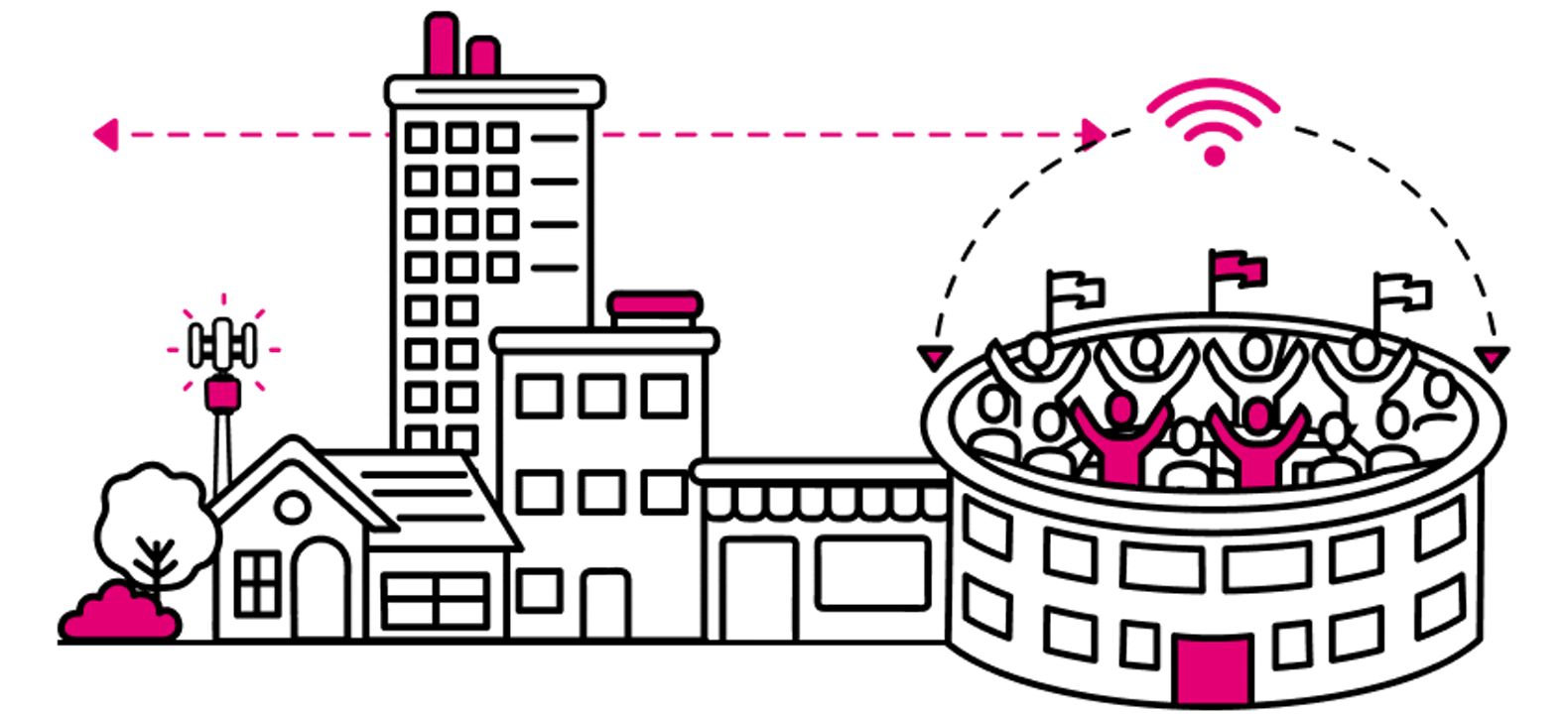 Una torre celular, edificios y un estadio deportivo repleto de personas con un gráfico de conectividad de red.