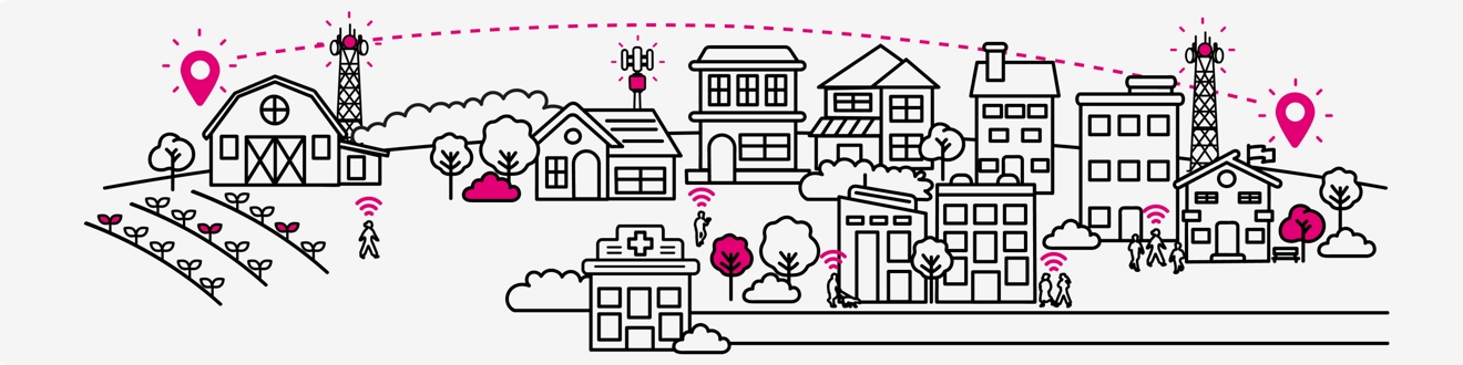 Diagrama de señales de comunicación transmitidas a través de torres celulares desde zonas rurales a zonas suburbanas.