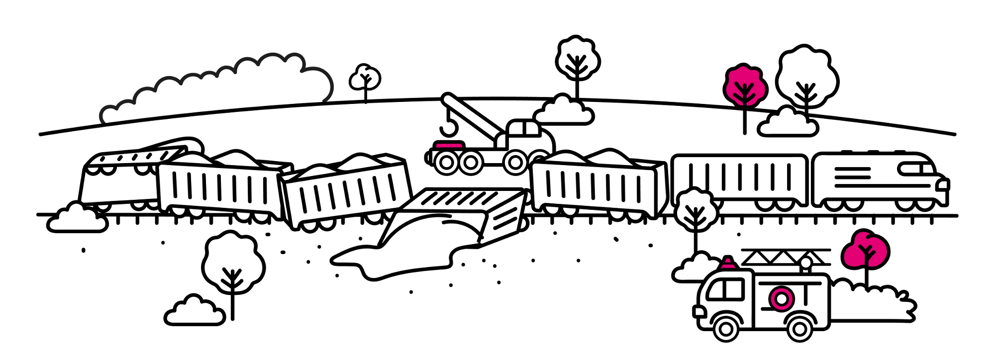 Un tren descarrilado con vagones volcados, una grúa y un camión de bomberos cerca.