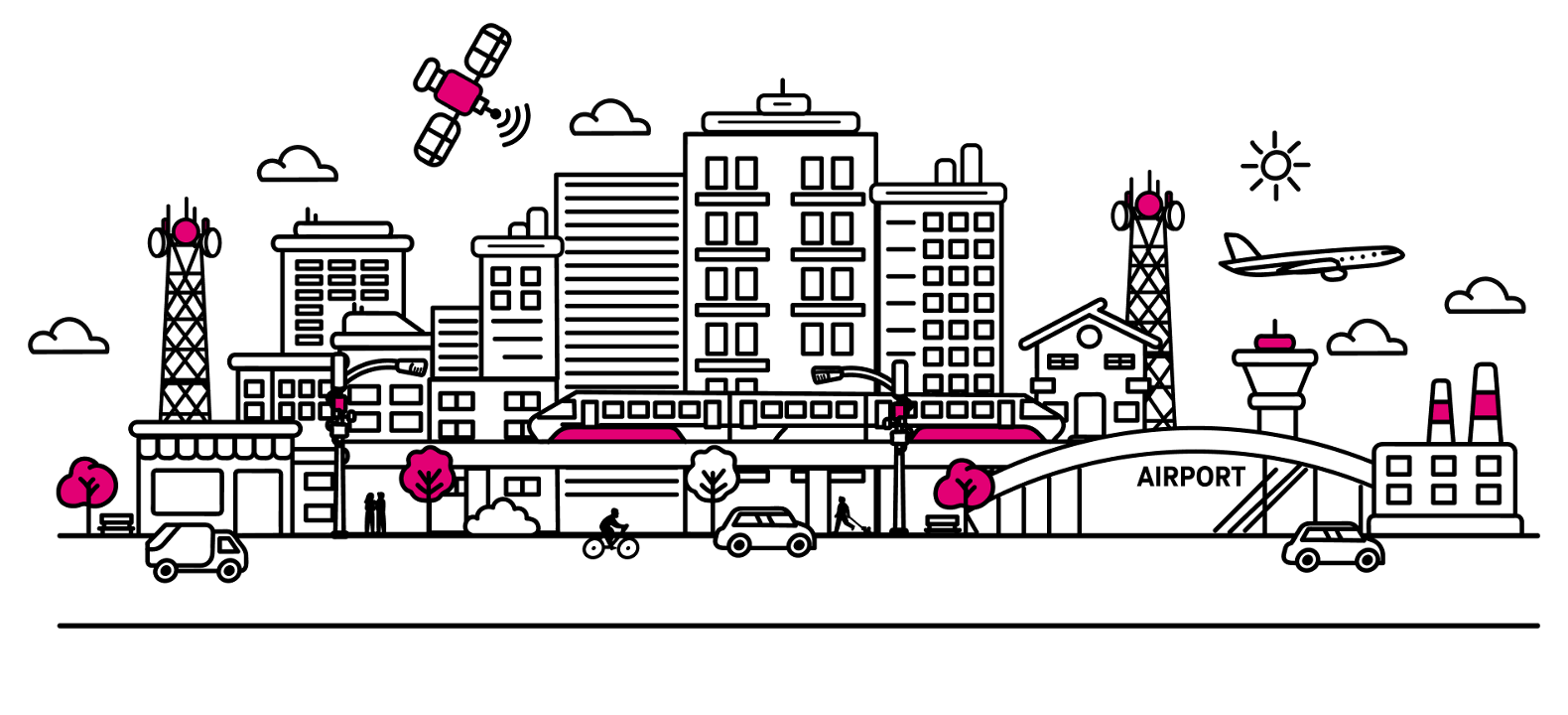 Escenario urbano ilustrativo que muestra edificios conectados, torres celulares y un satélite.