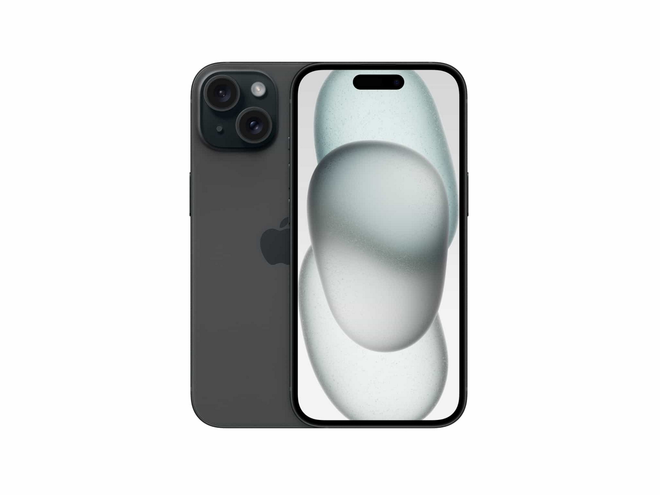 Dos dispositivos iPhone 15, uno de frente y otro de atrás.