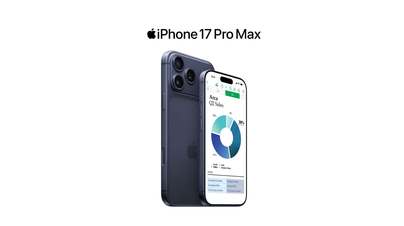 Dos dispositivos iPhone 17 Pro Max negros, mostrados por delante y por detrás, vistos desde un lado.