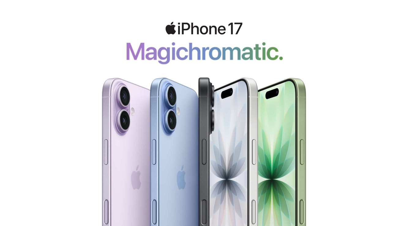 Cinco dispositivos iPhone 17 en lavanda, azul neblina, negro, blanco y verde salvia.