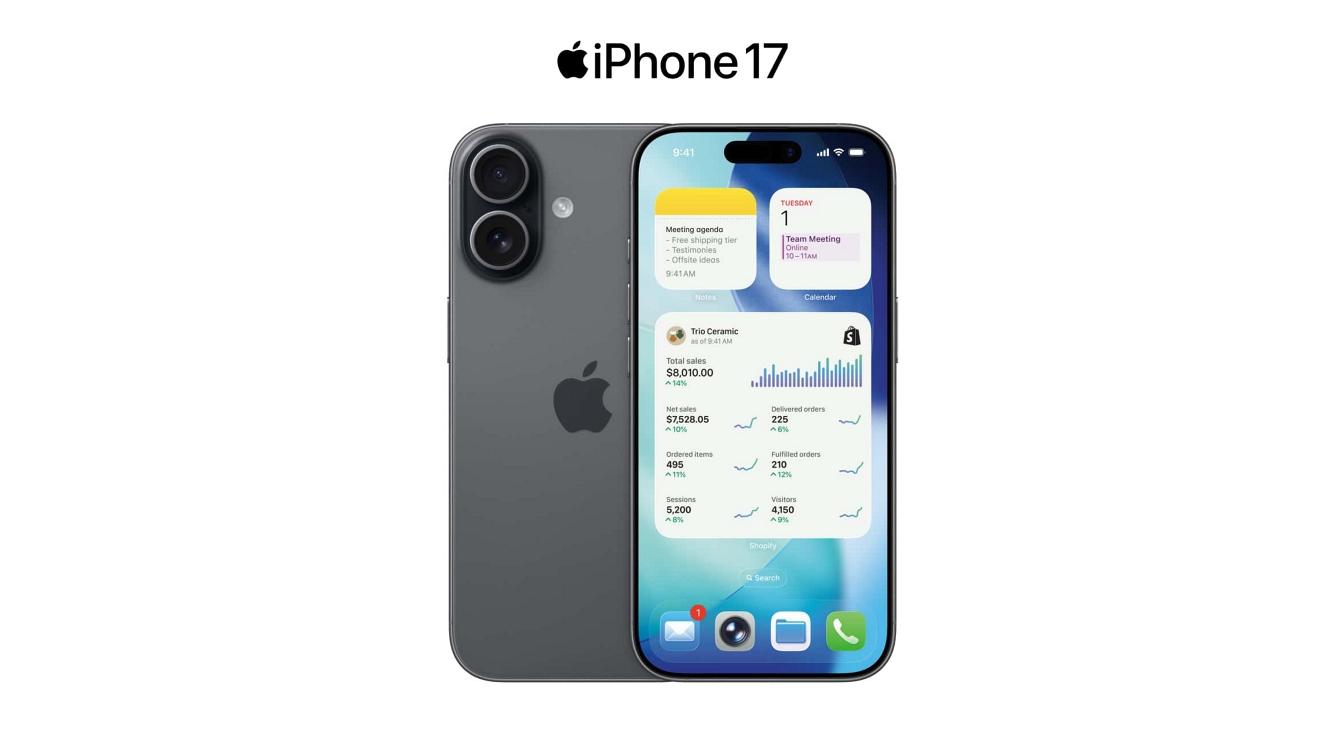 Se muestra la parte trasera y frontal de un iPhone 17 con apps de notas, calendario y otras.
