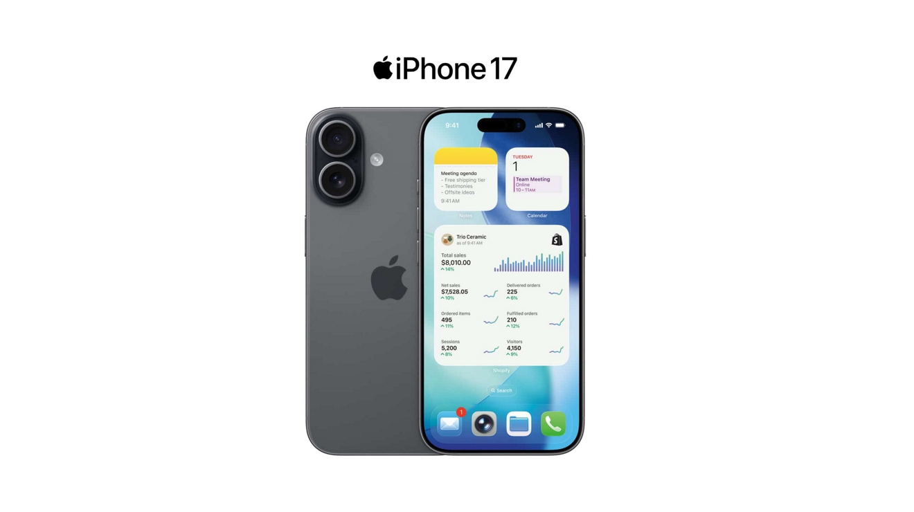 Se muestra la parte trasera y frontal de un iPhone 17 con apps de notas, calendario y Shopify.