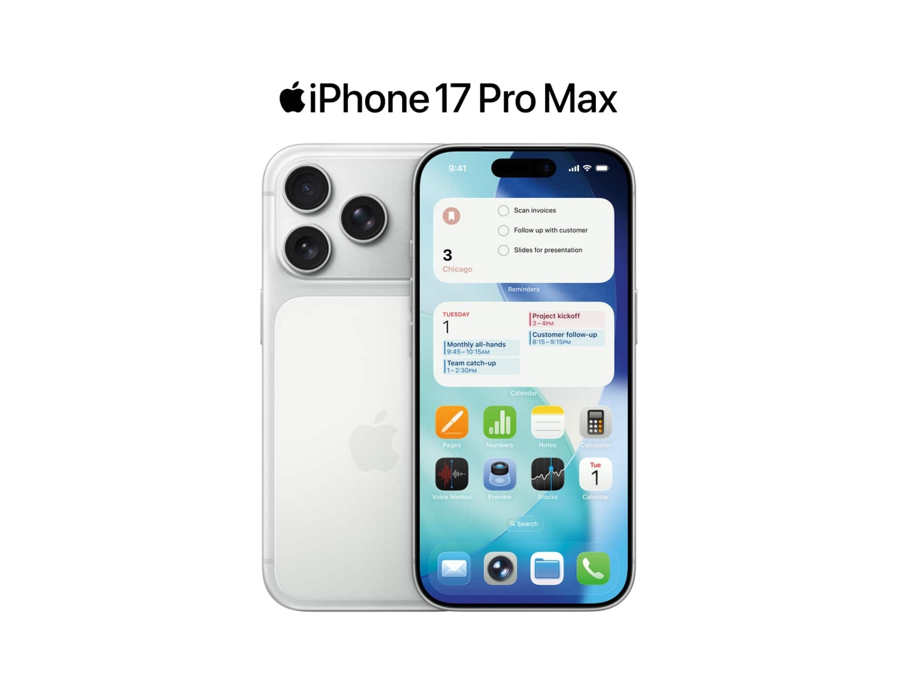 Dos dispositivos iPhone 17 Pro plata, presentados de frente y de atrás, en los que se muestran recordatorios, el calendario y otras apps.