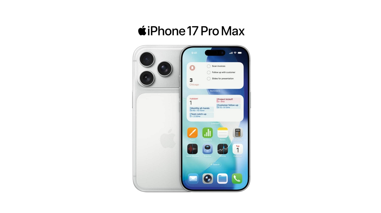 Dos dispositivos iPhone 17 Pro plata, presentados de frente y de atrás, en los que se muestran recordatorios, el calendario y otras apps.