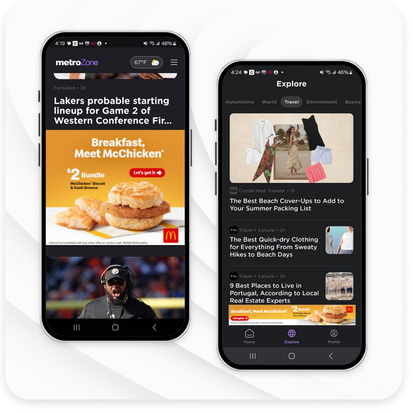 Two smartphones displaying example banner ads