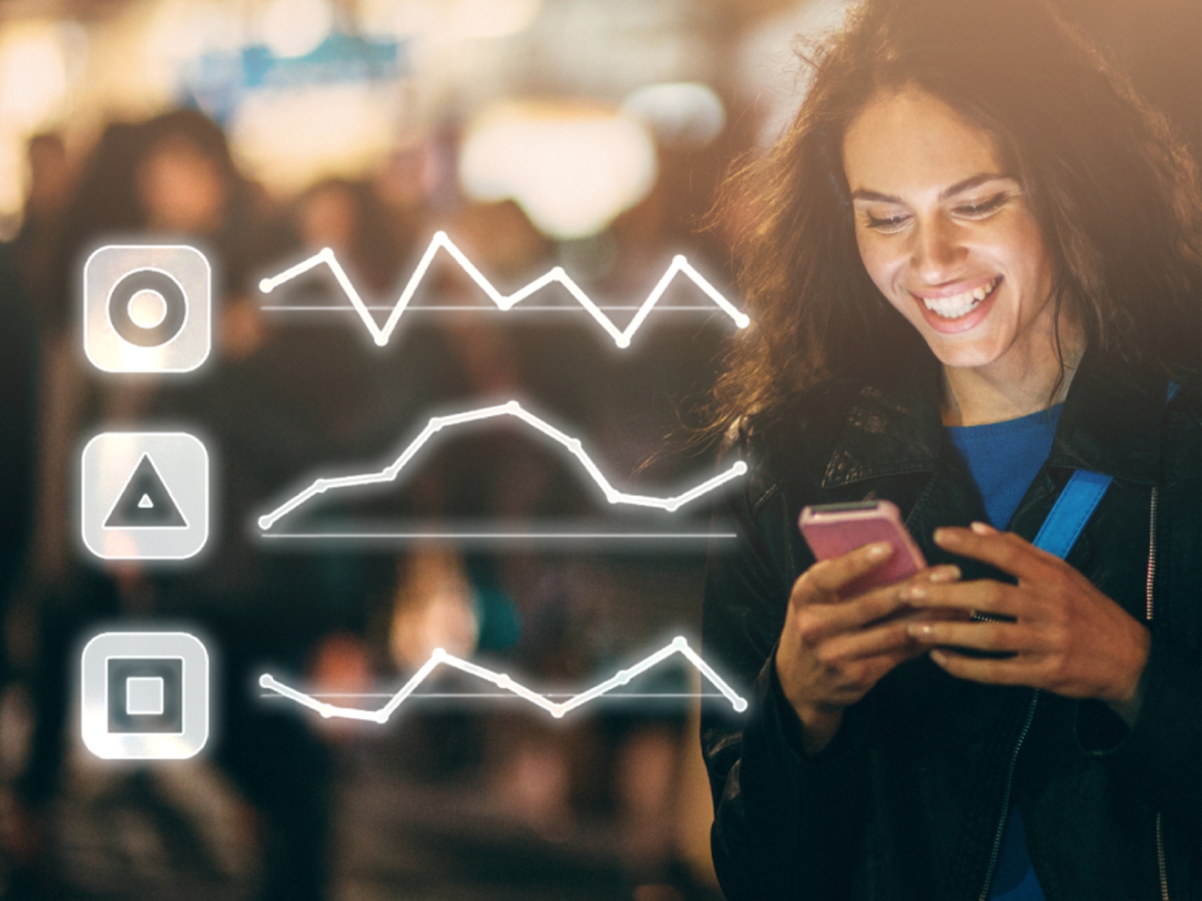 Woman smiling at her phone with floating icons and graphs representing her interactions.
